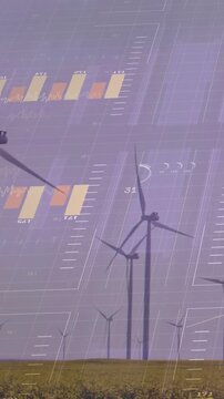 Vertical video: Central turbine moving as overlay fading in, animating power charts for monitoring
