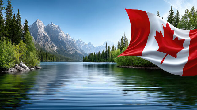 Canada Day. Canadian flag waving over a beautiful natural landscape featuring a serene lake, towering mountains, lush green forests, and maple leaves, embodying national identity