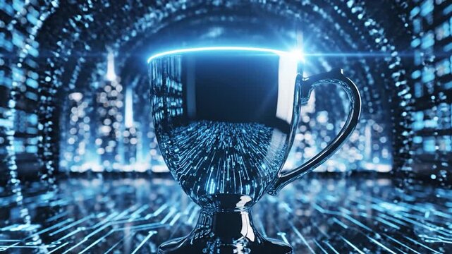 A shiny metallic trophy reflects a glowing digital circuit board background in this futuristic concept