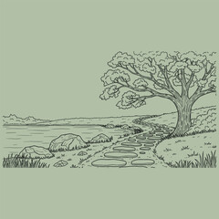 Fototapeta premium Peaceful Nature Landscape Coloring Page – Tree and River Line Art Illustration