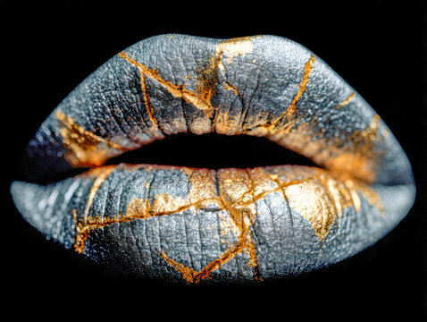 Artistic silver lips with golden cracks inspired by the kintsugi technique, emphasizing textured beauty and unique facial art on a black background