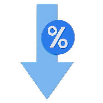 3D render of a downward arrow with a percent symbol, representing interest rate reduction, declining returns, financial decrease