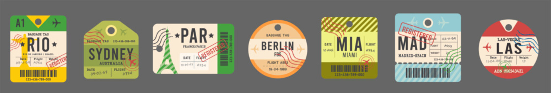 Colorful vintage airport luggage tags from iconic cities in retro style