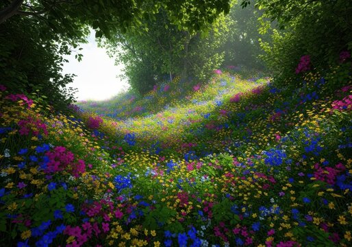 A dense, ethereal forest landscape covered entirely in vibrant wildflowers and delicate blooming flora under a soft canopy layer, nature, woodland, colorful