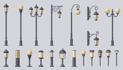 Various designs of classic and modern street lamps in illustrative style © 4zevar
