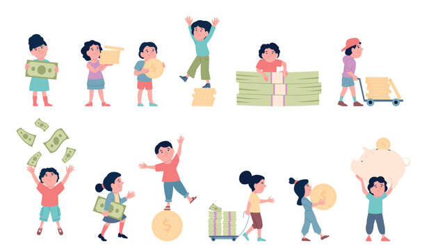 Children with money. Kids study saving finances and investment in future. Funny child with coins and banknotes. Happy boy hold piggy bank, recent vector set