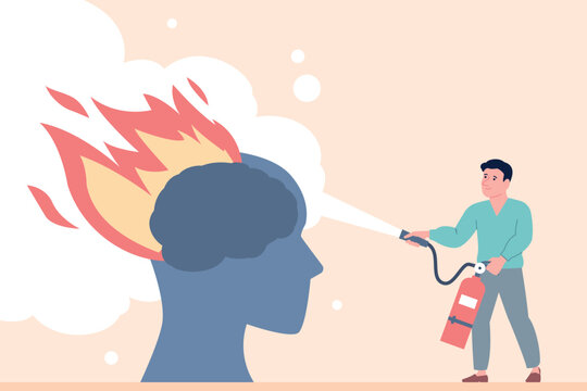 Burning brain concept. Overworking, emotional stress and anxiety. Man putting out flame with fire extinguisher. Support and mental health, burnout recent vector scene