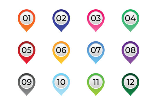 Colorful location pin numbers set, map markers for navigation and infographic design