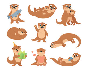 Fototapeta premium Cartoon funny otters. Adorable otter with child, holding box and fish, heart and mussel. Cute water river animals, childish mascots, classy vector characters