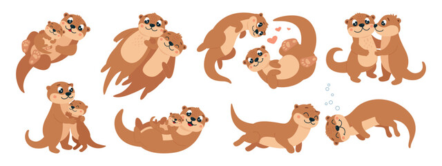 Obraz premium Adorable otters family. Cartoon otters couples and with children. Mothers and kid, parents, romantic animals together. Funny classy vector characters