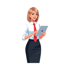 Fototapeta premium Professional woman holding a tablet with a confident and friendly expression