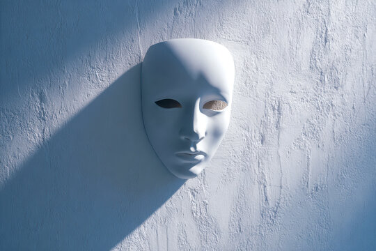 White theatrical mask hanging on textured wall casting dramatic shadow under natural light evoking mystery and emotion in minimalist composition