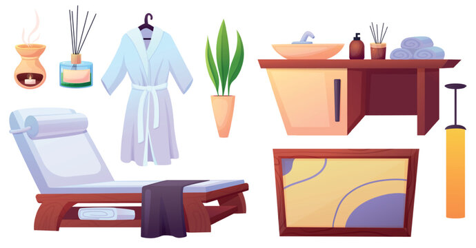 Spa massage elements. Cartoon salon furniture, aroma diffuser and lamp with candle. Couch, table, white terry robe. Green plant in pot, picture, nowaday vector set