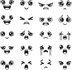 Fototapeta premium Cute Kawaii Anime Facial Expressions Vector Icon Set