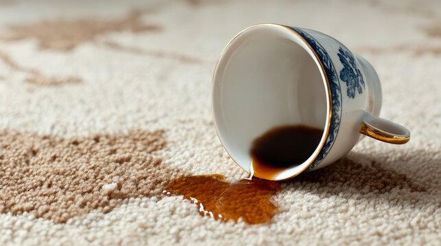 Cup tipped, tea spilled on beige rug. Close view.
