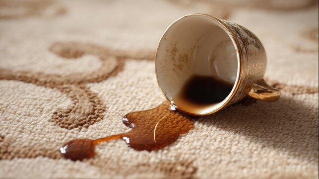 Cup tipped, tea spilled on beige rug. Close view.