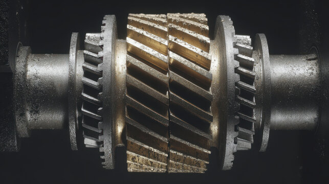 Close up view of two interlocking metal timing gears with worn, textured surface in dark industrial setting