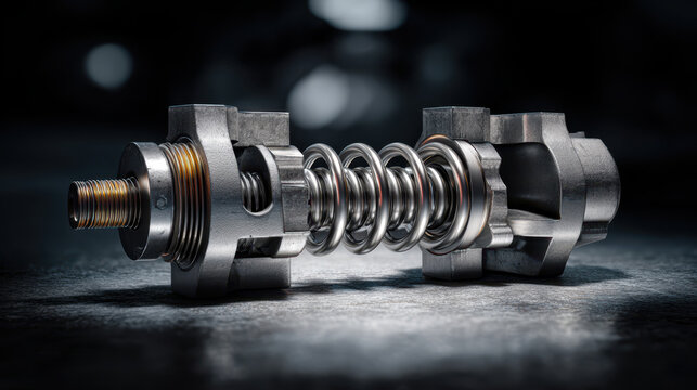 Close up of metallic mechanical spring assembly part on dark surface with blurred background, showing detailed texture and shine