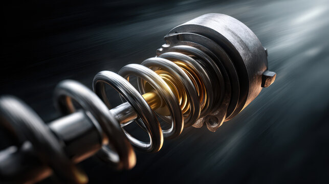 Close up of shiny metal coil spring and mechanical component with dynamic lighting and motion blur effect
