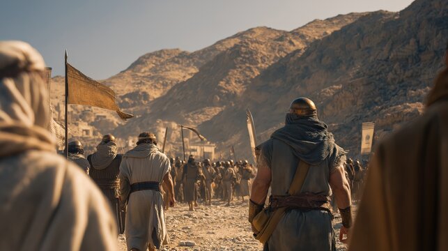 A wide daylight scene of israelite warriors pausing before fortified canaanite cities as they withdraw toward the hills, showing hesitation and incomplete conquest under clear daylight.