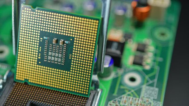 Display of CPU chip as result of engineering design and use of mining of rear earth materials. Rare earth elements, REE play critical role in CPU GPU RAM and SSD production for AI data centers.