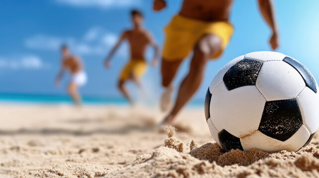 Beach soccer ball in foreground with unrecognizable male players running, competing on sunny tropical sand beach, enjoying active summer sports and fun vacation activities