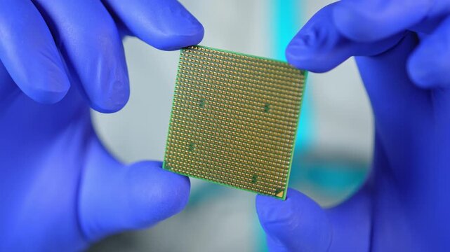 Scientists and engineer shows CPU Central Processing Unit in the hand. Concept of AI boom triggered a massive shortage of CPUs, driving prices high as tech giants hoard components for data centers.
