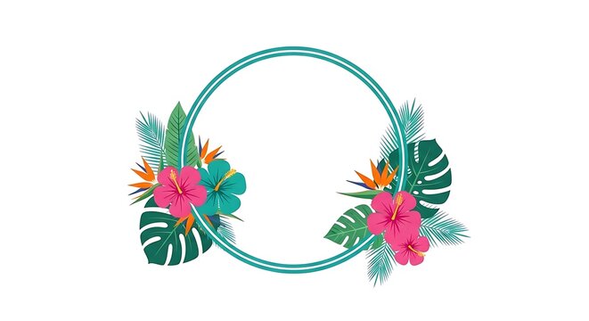 Tropical floral frame with vibrant flowers, leaves surrounding a teal double circle