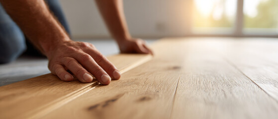 Obraz premium Installing wooden floor planks close up