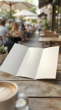 Blank trifold brochure mockup on wooden table at outdoor cafe terrace with coffee cup and succulent plant for marketing design presentation.
