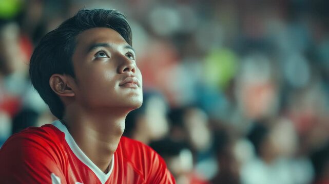 Red soccer uniform, thoughtful expression, stadium lights, sports ball in motion, goalkeeper gloves