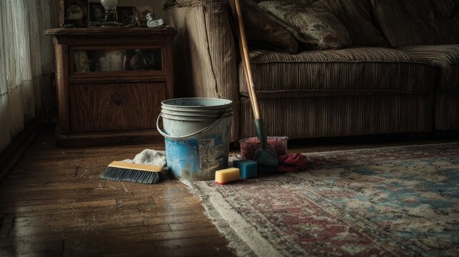 Bucket, cleaning things, and tools rest on the living room floor, leaving room for your message.