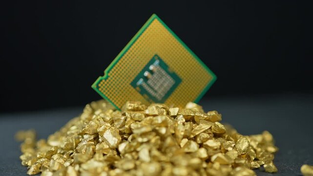 Concept of CPU chips shortage due Artificial Intelligence AI data centers development demand. Central Processing Units used for Servers Computer Systems. CPU in pile of gold nuggets.