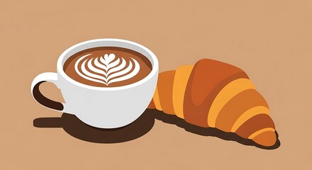Obraz premium Vector illustration of coffee cup with latte art and croissant on a brown background