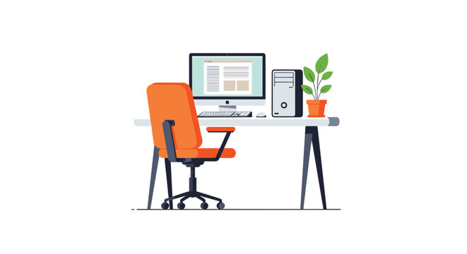 A vibrant front-facing office setup displays a sleek white desk holding a computer monitor and tower next to a striking orange ergonomic swivel desk chair.