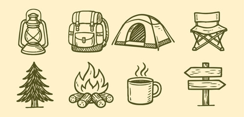Camping icons set hand drawn doodle vector illustration, outdoor adventure collection with tent, campfire, backpack, trees, mountains, hiking equipment, nature travel symbols in sketch style © LEECOO