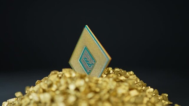 CPU Central Processing Unit of the computer in the pile of gold. Concept of AI boom triggered a massive shortage of CPUs, driving prices high as tech giants hoard components for data centers.
