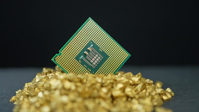 CPU or GPU in pile of gold nuggets display, concept of rear earth elements mining demand. Mining and AI global demand for REEs. Building of data centers and processing power for AI and LLMs.
