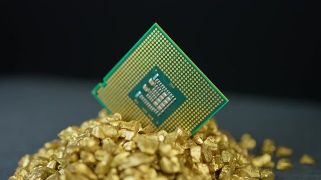 CPU Central Processing Unit of the computer in the pile of gold. Concept of AI boom triggered a massive shortage of CPUs, driving prices high as tech giants hoard components for data centers.