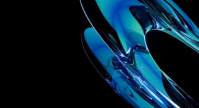 Abstract blue and turquoise glass liquid flow helix, fluid flow curve shape with flare and light refraction on black background