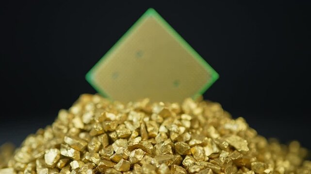 CPU Central Processing Unit of the computer in the pile of gold. Concept of AI boom triggered a massive shortage of CPUs, driving prices high as tech giants hoard components for data centers.