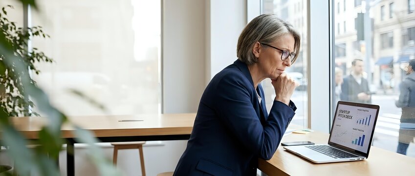 Mature businesswoman with glasses working on laptop in modern office, looking thoughtful while reviewing data by window with city view.