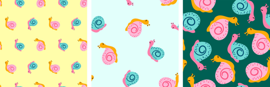 cute hand drawn snail seamless pattern set with colorful garden mollusks for kids nursery textile wallpaper and fabric decor