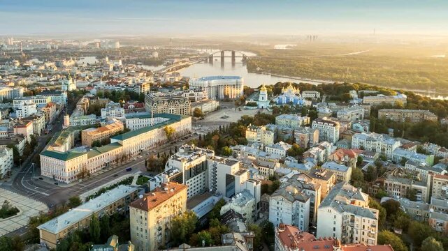 Historic downtown of Kyiv with ancient cathedrals and squares, cinematic morning cityscape of the Ukrainian capital. Breathtaking flight over Kyiv city featuring Sofia square