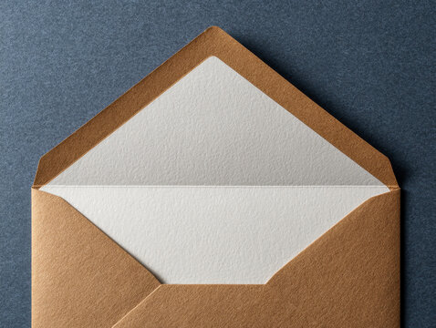 Opened natural brown paper envelope with blank white textured paper inside on dark textured surface background for message or invitation concept