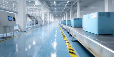 Fototapeta premium An industrial perspective of a factory floor with boxes on conveyor belts, depicting a streamlined and efficient process