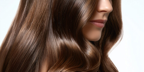 Fototapeta premium Shining brown hair with gentle waves, highlighting the side profile of a person. The hair appears smooth, silky, and healthy, with a natural shine