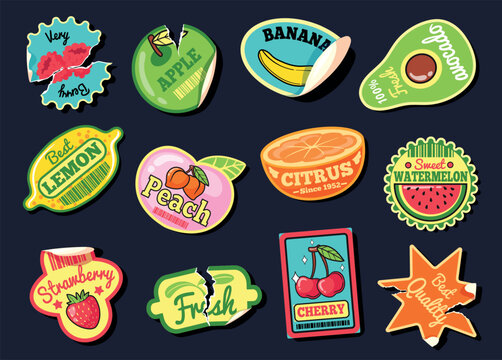 Vintage fruit stickers. Y2k retro badges strawberry groovy summer juice sticker cherry patch banana torn label exotic fruits food emblem design cartoon set neat vector illustration
