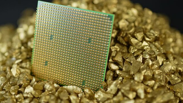 Concept of CPU chips shortage due Artificial Intelligence AI data centers development demand. Central Processing Units used for Servers Computer Systems. CPU in pile of gold nuggets.