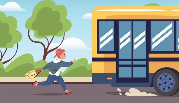 Student late bus. School kid backpack run to public transport, chase miss bus after classes hurry young boy running street sidewalk morning time road classy vector illustration